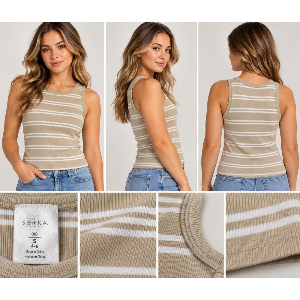 Serra Tan White Striped Ribbed Tank Top Small Sleeveless Crewneck Knit Shirt
